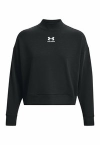 Schwarzer, kurzer Sweatshirt mit hohem Kragen, aus weichem Stoff gefertigt. Besitzt das weiße Under Armour-Logo auf der Brust und gerippte Bündchen.