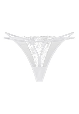 Witte thong met bloemenborduursel, sheer mesh panelen en dubbel band ontwerp. Bevat een gemêleerde tailleband met decoratieve details.