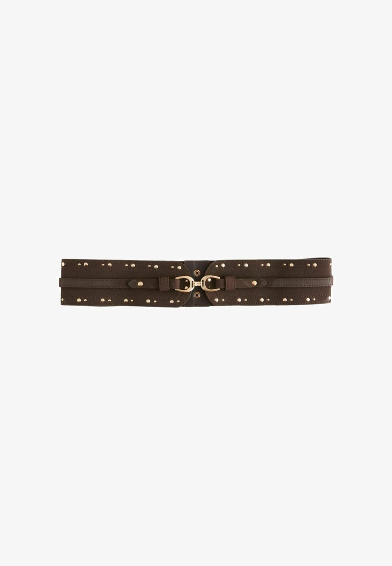 Large ceinture en cuir brun foncé avec des clous dorés et une double boucle dorée au centre.
