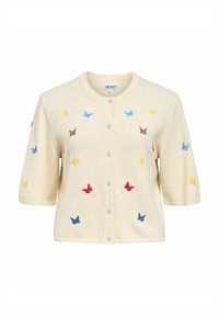 Cardigan à manches courtes, crème, avec une fermeture à boutons, ornée de papillons multicolores brodés en rouge, bleu, jaune et marron.