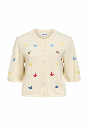 Kortärmad, krämfärgad cardigan med knäppning, prydd med flerfärgade broderade fjärilar i röd, blå, gul och brun.