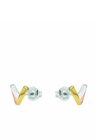 Två örhängen med en geometrisk design i silver, guld och roséguldtoner; släta metallytor och polerad finish.