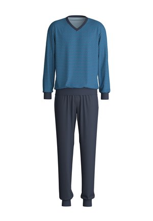 Blauwe geblokte trui met een V-hals en marineblauwe joggingbroek. Beide hebben elastische boorden en een zachte textuur, ideaal voor casual kleding.