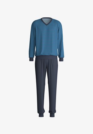 Blue patterned pullover with a V-neck and navy sweatpants. Both have elastic cuffs and a soft texture, ideal for casual wear.