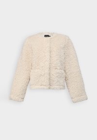 Krämfärgad kort jacka i fluffigt, texturerat material, med långa ärmar och rund halsringning utan knappar eller blixtlås.