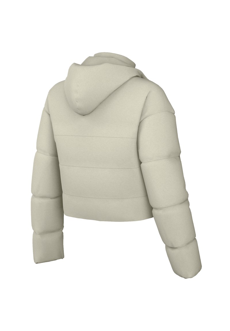 Chaqueta acolchada recortada en beige claro, con capucha, diseño acolchado y puños elásticos. Tejido suave con una textura lisa.