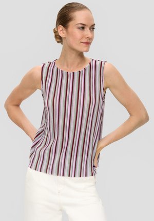 Gestreepte mouwloze blouse met verticale lijnen in tinten roze, bordeaux en groen. Zachte stof met een losse pasvorm en ronde halslijn.