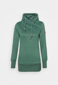 Felpa verde con collo a cowl, dettagli con cordoncino e fodera interna a fantasia floreale. Tessuto morbido e design aderente.