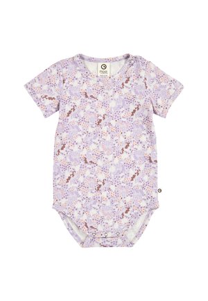 Kortærmet babybodystocking i lavendel med blomster- og abstrakte brune og orange mønstre, der har trykknapper på skulderen og skridtet.