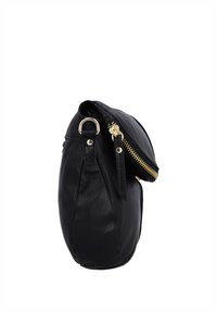 Black leather handbag with gold zipper and hardware, showing side profile and partially open top zipper against white background.