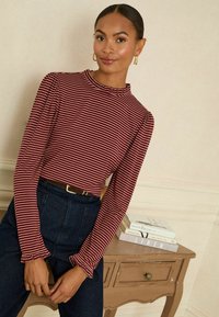 Sarkani un balti svītraina garroku blūze ar volānu imitētu augsto apkakli, kopā ar tumšām augsta vidukļa džinsām un brūnu jostu. Redzami brūni mēbeļu elementi un grāmatas.