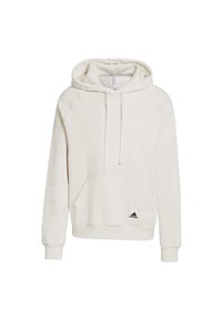 Felpa bianca con cappuccio, dotata di tasca frontale e polsini e fondo a coste. Presenta il logo Adidas nero sul davanti in basso. Realizzata in materiale morbido.