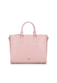 Light pink rectangular tote bag with dual handles, gold-tone hardware, and a small brand logo plaque on front center.