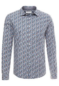 Chemise à manches longues à boutons avec un motif floral petit en bleu, blanc et brun, col standard et boutons blancs sur le devant.