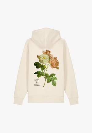 Cream-colored hoodie with a detailed floral design featuring pink and white roses and green leaves. Text reads "LOVE & ROSES."