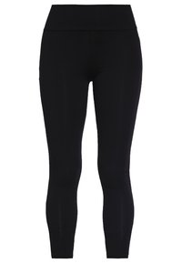Svarta leggings med hög midja, tillverkade av ett slätt, elastiskt material. Har en figurnära design och sömlös konstruktion hela vägen igenom.