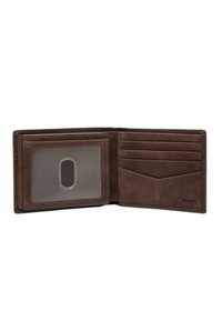 Portefeuille en cuir marron avec un emplacement pour cartes à l'intérieur, une fenêtre transparente pour l'identité et plusieurs compartiments pour cartes. Texture lisse et couture soignée.