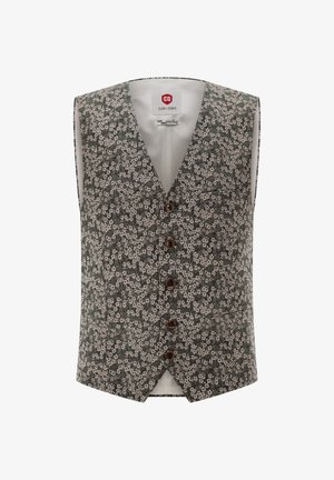 Weste mit floralem Muster aus grünem und weißem Stoff. Mit V-Ausschnitt, fünf braunen Knöpfen und einer einzelnen Brusttasche. Glatte Textur.