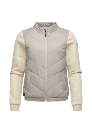 Leichte, beigefarbene Steppjacke mit Kragen, Reißverschluss vorne und cremefarbenen Ärmeln. Verfügt über Zickzacknaht und ein schlankes Design.