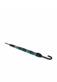 Groene, blauwe en paarse paraplu met een patroon, voorzien van een haakvormige zwarte handgreep, een slanke metalen steel en een stoffen canopy met een textuur uitstraling.