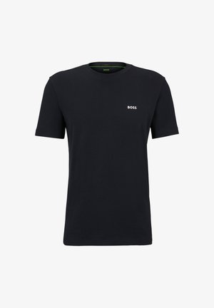 Čierne bavlnené tričko s okrúhlym výstrihom a krátkymi rukávmi. Na prednej strane sa nachádza biele logo "BOSS" na ľavej hrudi.