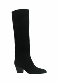 Bottes en suède noires mi-jambes avec un bout pointu et un talon carré, présentant une texture lisse et un design simple sans motifs visibles.