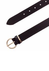 Cintura in pelle nera con texture liscia, dotata di una fibbia rotonda color oro e numerosi fori di regolazione lungo tutta la lunghezza.