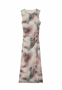 Ärmlös klänning i lätt tyg, med ett mjukt rosa och grönt abstrakt mönster, samt rynkdetaljer på sidorna för extra textur.