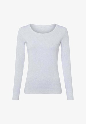 Top a maniche lunghe grigio chiaro realizzato in un tessuto morbido e strutturato. Presenta una scollatura rotonda e una silhouette aderente. Nessun motivo o dettaglio aggiuntivo.