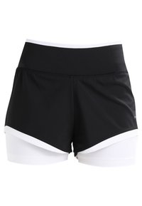 Black athletic shorts with a white undershort, featuring a wide waistband and layered design. Smooth texture and sleek lines.