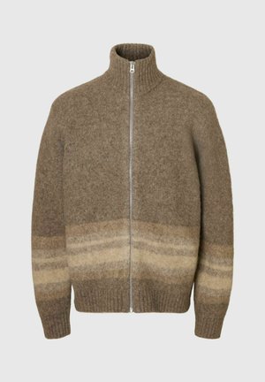 Pruun villane lukuga kampsun kõrge kraega, millel on heledamates beežides toonides gradientmuster ääres ja soonikkoes varrukasäärtes.