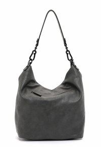 Hobo taška vyrobená z texturované tmavě šedé perforované kůže, s vrchním popruhem a zipovou kapsou na přední straně pro zvýšenou funkčnost.