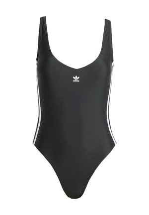 Črno enodelno kopalke z V-izrezom, belimi stranskimi črtami in belim Adidasovim logotipom na prsih. Narejeno iz gladkega, raztegljivega materiala.