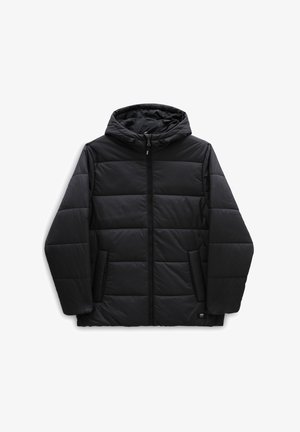 Czarna ocieplana kurtka z zamkiem z przodu i kapturem. Posiada poziome pikowania, boczne kieszenie oraz gładką, wodoodporną teksturę.