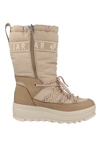 Botas de invierno impermeables en color beige con caña acolchada, cierre de cremallera, parte delantera con cordones y suela de goma texturizada. Logotipo visible en la parte superior.