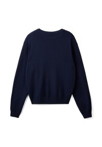 Pull en jersey bleu marine à manches longues et col rond, avec poignets et ourlet côtelés, présenté de dos sur un fond blanc.