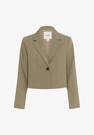 Lühike jope oliivroheline kangas, millel on krae, ühekohaline nööbilanus ja pikad varrukad. Sile tekstuur koos peente õmblusdetailidega.