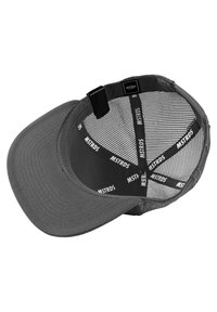 Grey cap with a curved brim, mesh interior, and adjustable strap. Features branded tape and a tag inside. Textured fabric finish.