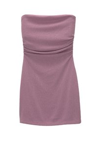 Robe sans bretelles, froncée, longueur genou en tissu lavande doux avec une légère finition en tricot texturé.