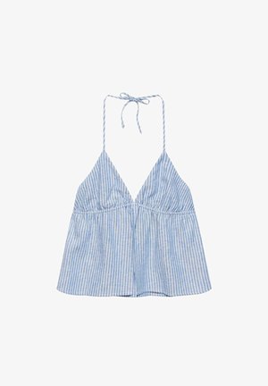 Blau-weiß vertikal gestreiftes Neckholder-Top mit tiefem V-Ausschnitt und Schleifenverschluss am Hals, locker geschnitten in der Taille.