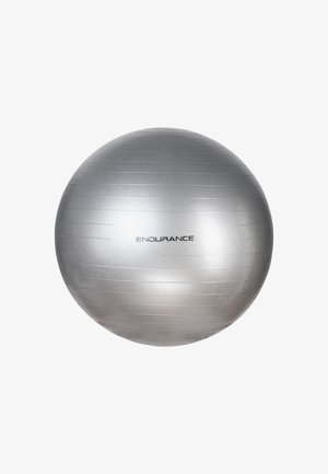 Zilveren fitnessbal met horizontale ribbels en de merknaam "ENDURANCE" in het zwart gedrukt op een witte achtergrond.