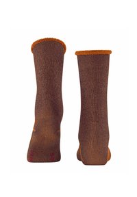 Chaussettes marron avec un bord côtelé orange. Texture douce, longueur mi-mollet, avec un léger scintillement subtil. Conception sans coutures avec étiquettes invisibles.