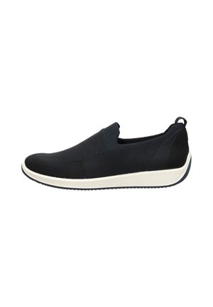Slip-on black sneaker with textured toe, white sole, and loop on heel against white background.