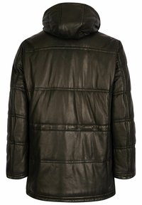 Schwarze Leder-Pufferjacke mit Kapuze, die sichtbare Steppnähte und eine glatte Textur aufweist. Das Design ist locker geschnitten und isoliert.