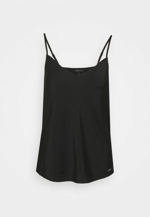 Top a camicia nero con sottili spalline regolabili, scollo a V e una texture liscia e opaca; presenta un marchio discreto sull'orlo.