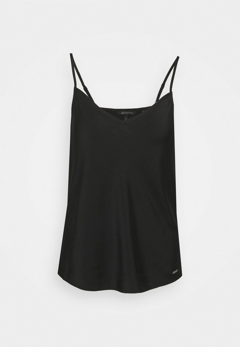 Haut caraco noir avec fines bretelles réglables, encolure en V et texture lisse mate ; présente un logo discret à l'ourlet.