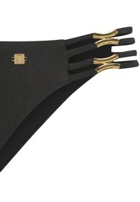 Čierny vrchný diel plaviek s textúrovaným povrchom, zdobený zlatými kovovými doplnkami a viacerými nastaviteľnými remienkami pre individuálne prispôsobenie.