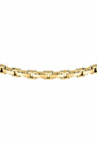 Bracciale in oro con maglie intrecciate dotate di una superficie liscia e lucida, con piccoli dettagli circolari lungo tutta la sua lunghezza.