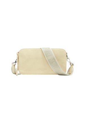 Beige leather crossbody bag with a textured strap, zipper closure, and subtle branding. Rectangular shape with soft edges.