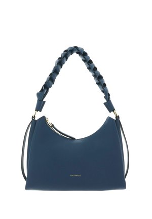 Sac à main en cuir bleu marine avec poignée torsadée, fermeture éclair dorée, petit logo de marque doré et bandoulière amovible.